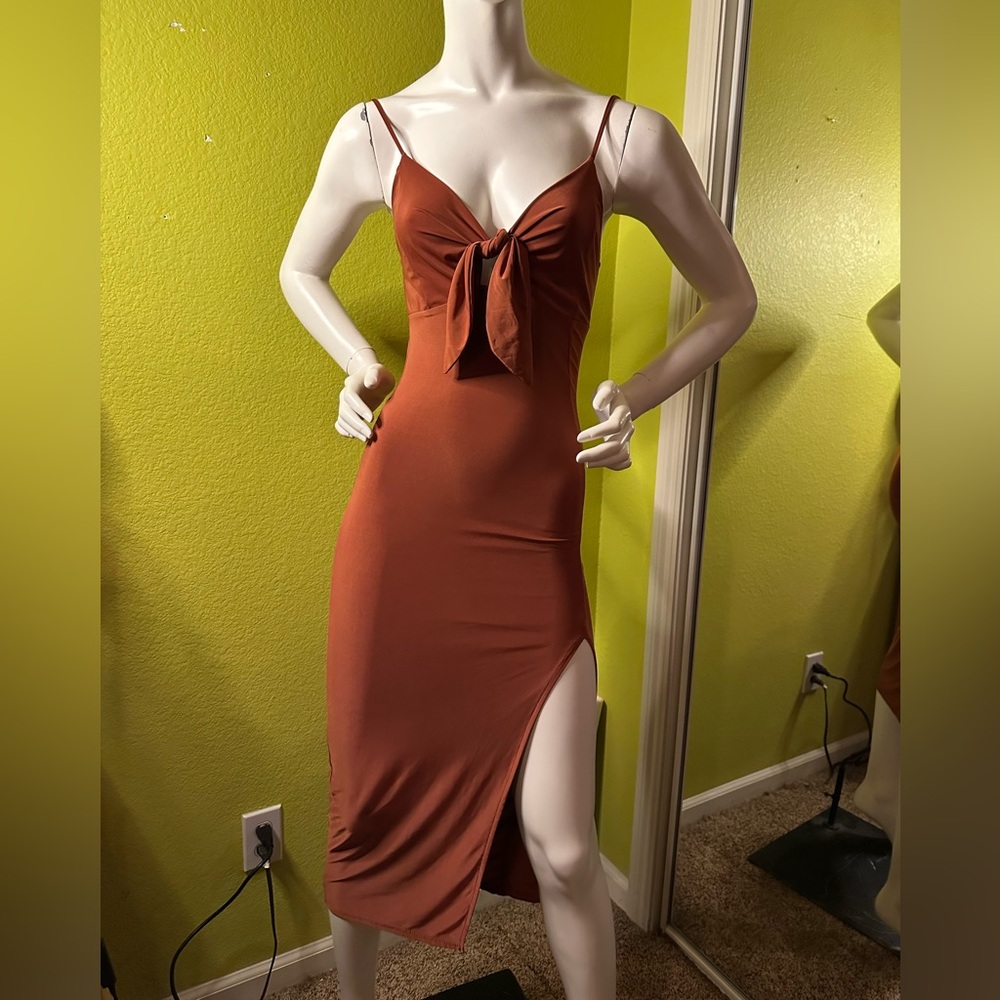 Misty Rose Burnt Orange Midi Dress with Tie in Middle
